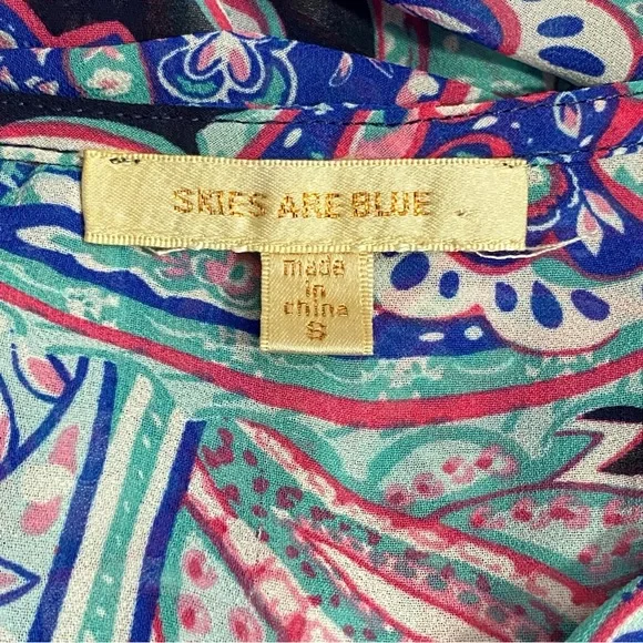 SKIES ARE BLUE paisley print sheer polyester ruched sleeves tuck shoulder top S - Picture 6 of 8
